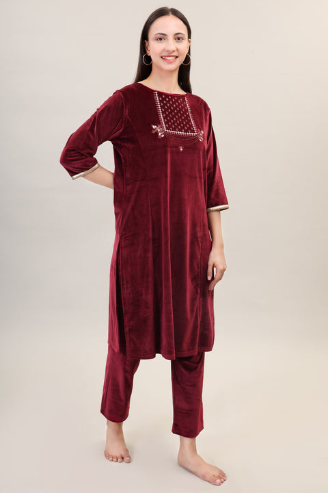 Women's Velvet Winter Embroidered Corduroy Kurti Set, Long Sleeves (Black)
