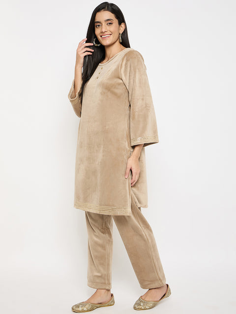 Women's Velvet Winter Kurti Set, Long Sleeves|Winter Velvet Kurti & Pajama Set