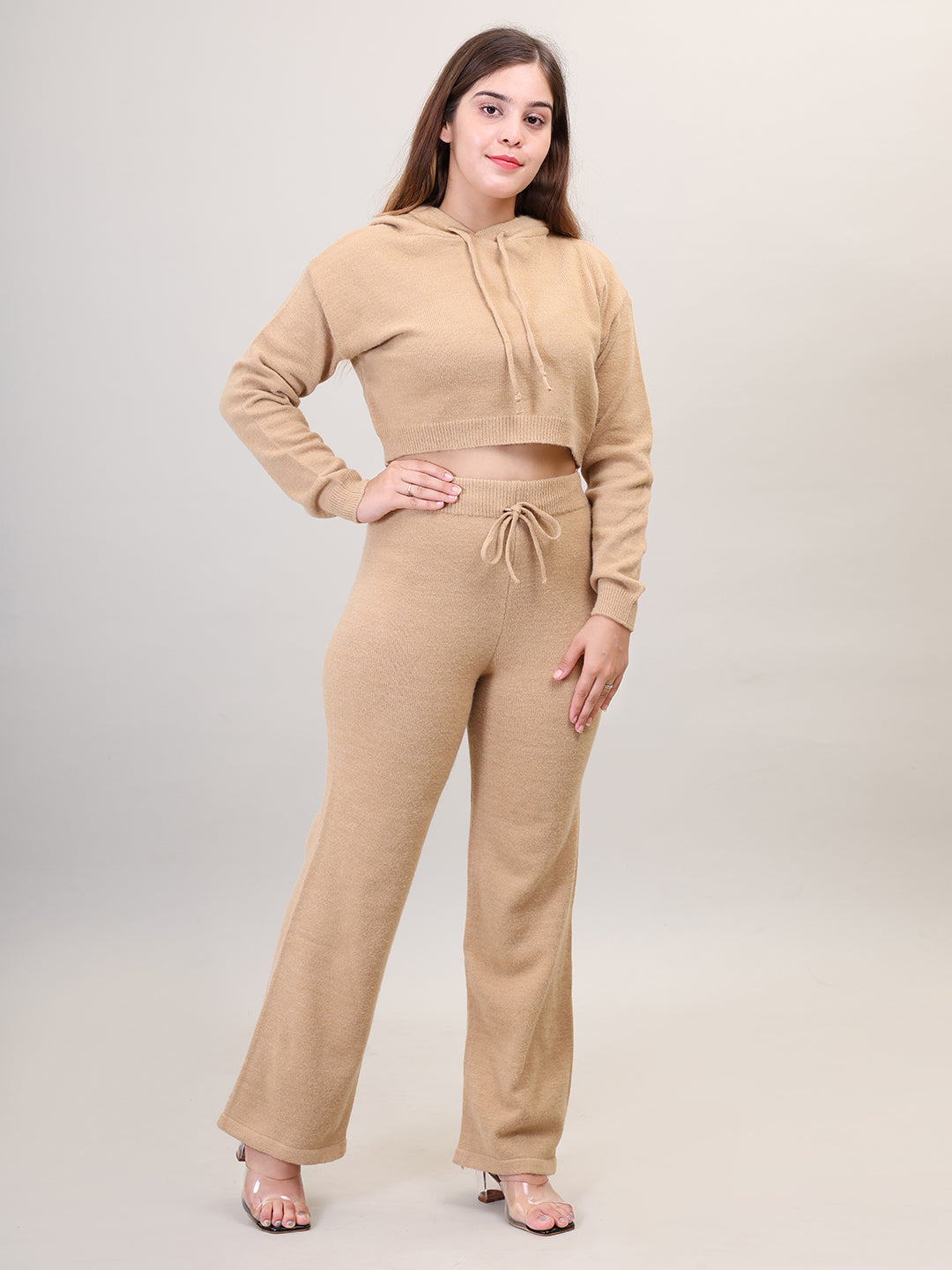 Women's Long Sleeve Hoody woolen Beige Co-Ord Set