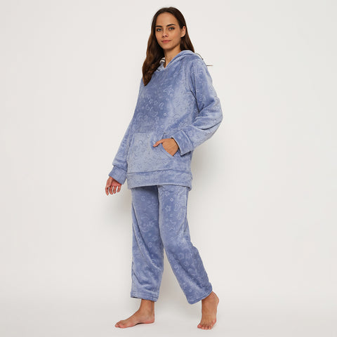 Women's Embossed Full Sleeve Hooded Top and Pajama Pants with Pockets