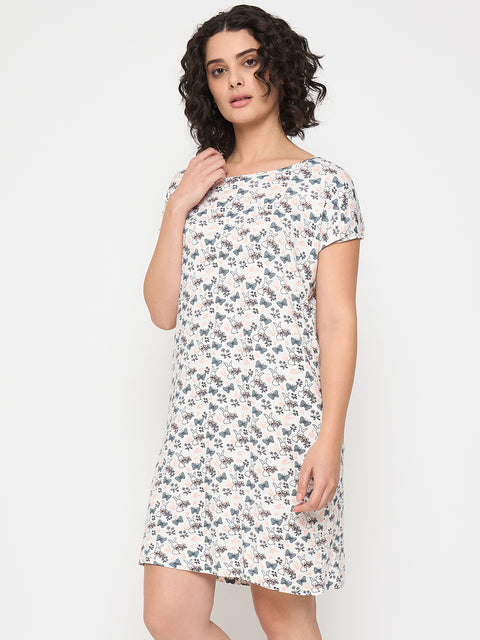 Women's Printed Nightgown, Short Sleeve Sleep Dress, Short Length, Short Nighty, White Grey