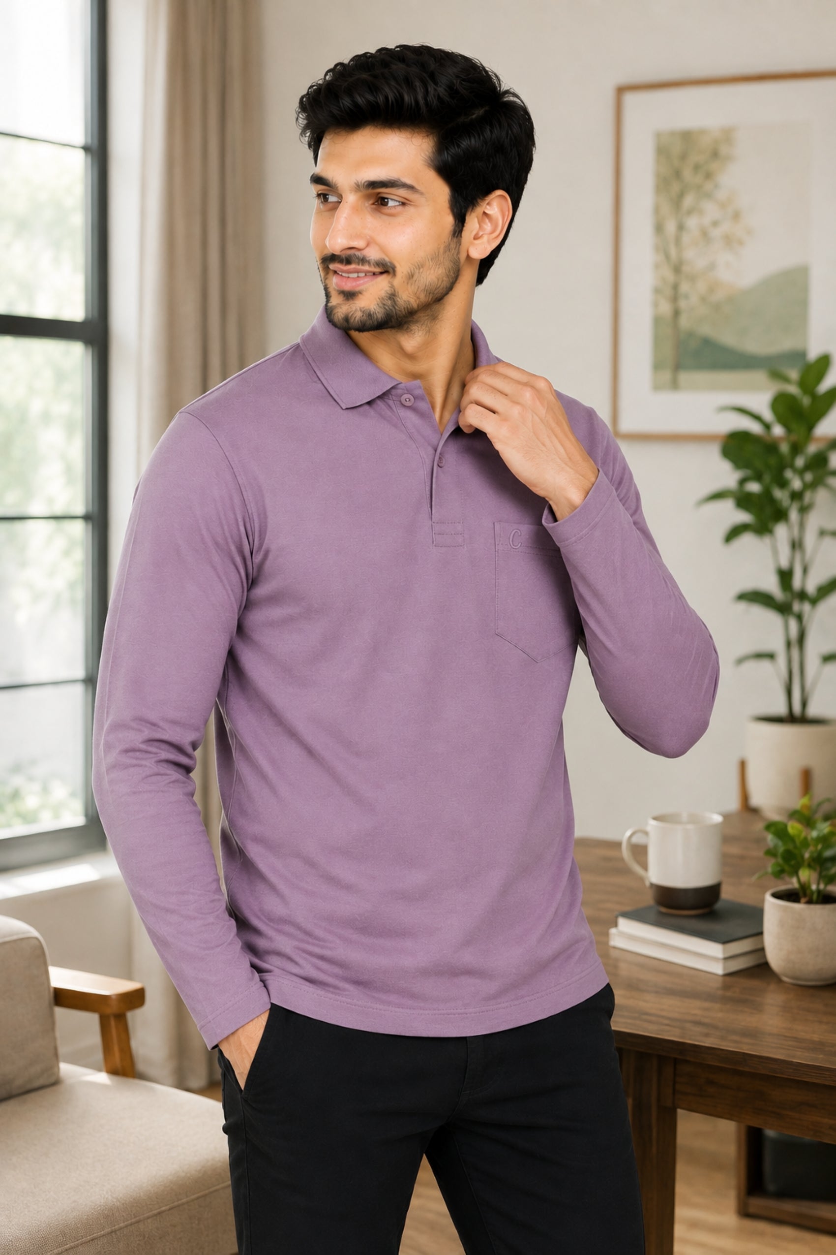 Camey Men's Plain Solid Long Sleeve Polo T-Shirt for men | Collared Casual Cotton Blend Tee with Chest Pocket