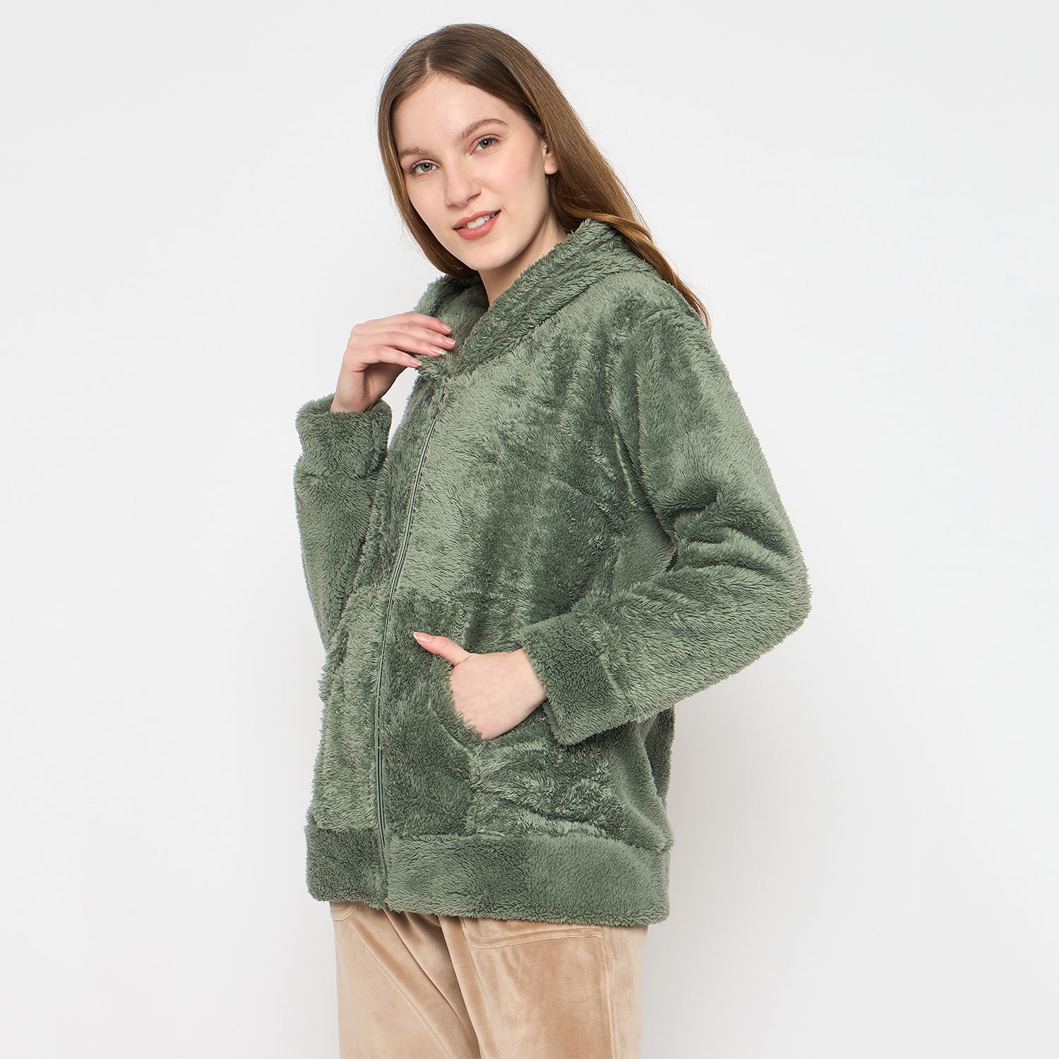 Women Solid Hooded Sherpa Fleece Sweatshirt