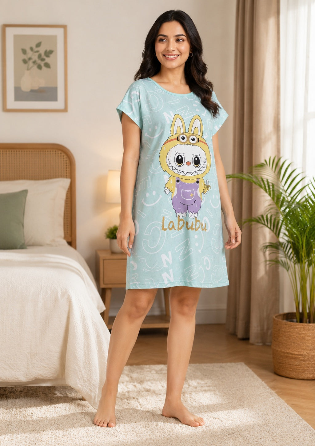 Women's Cute Cartoon Printed Knee Length Nighty | Soft Comfortable Loose Fit Short Sleeve Nighty for Women