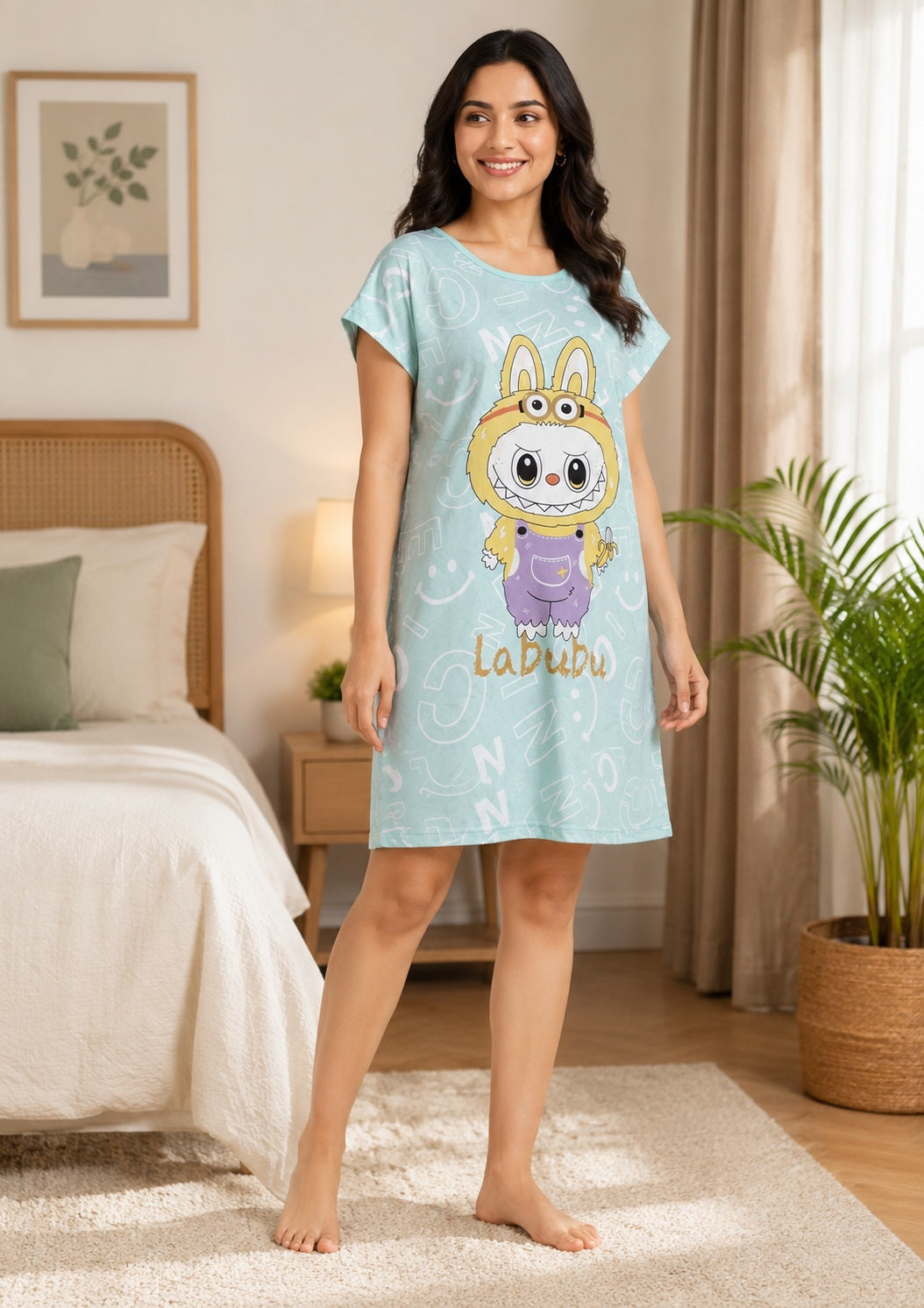 Women's Cute Cartoon Printed Knee Length Nighty | Soft Comfortable Loose Fit Short Sleeve Nighty for Women