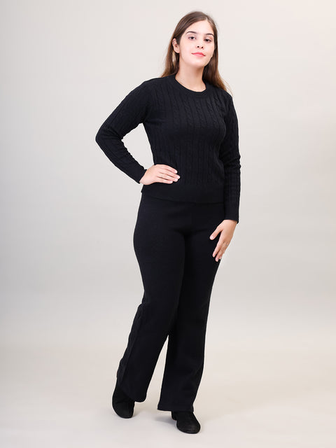 Women's Long Sleeve round neck woolen Co-Ord Set (Black)