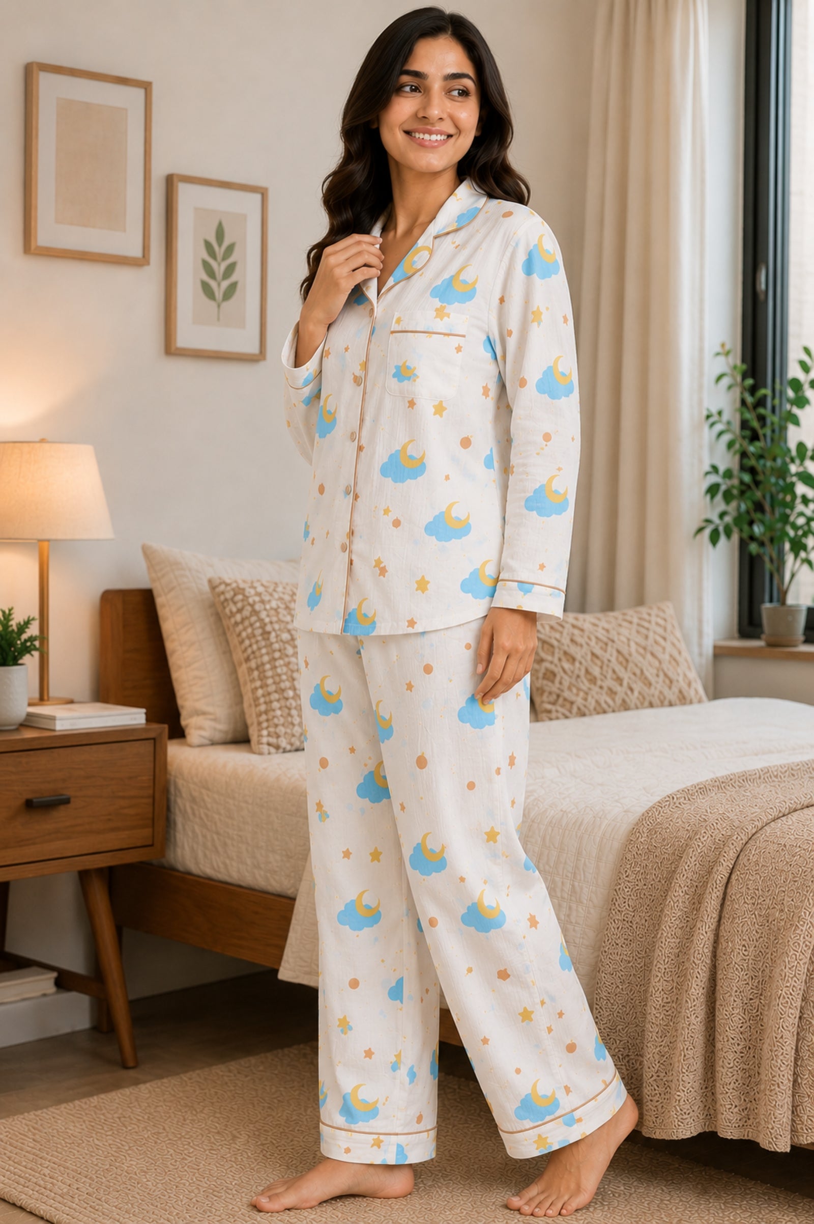 Women Night Suit Cotton Muslin Pyjama Set | Soft Printed Full Sleeve Sleepwear
