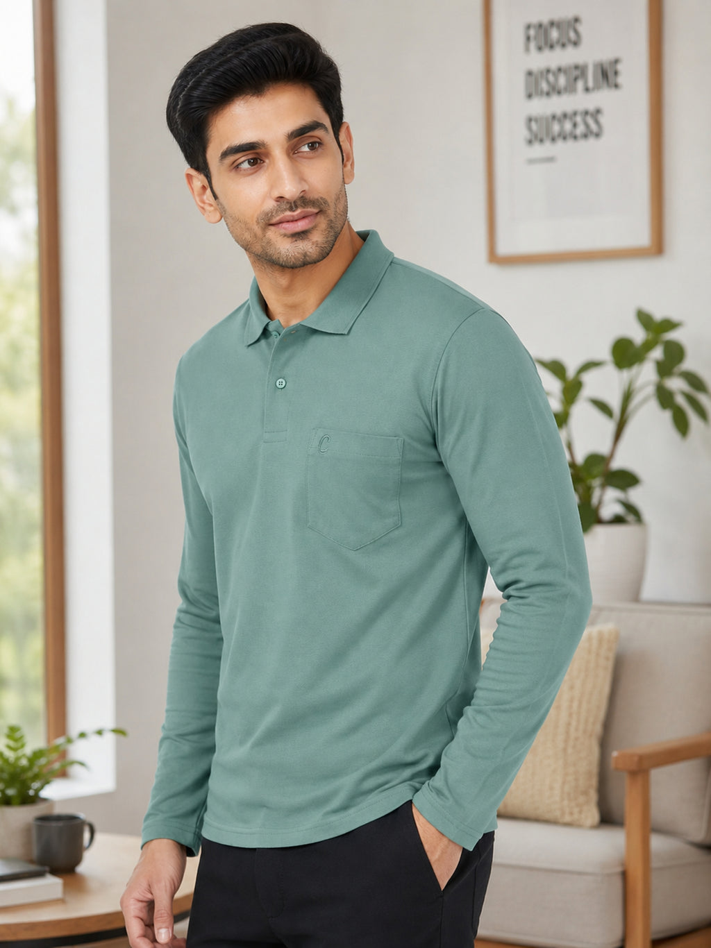 Camey Men's Plain Solid Full Sleeve Polo T-Shirt | Collared Casual Cotton Blend Tee with Chest Pocket