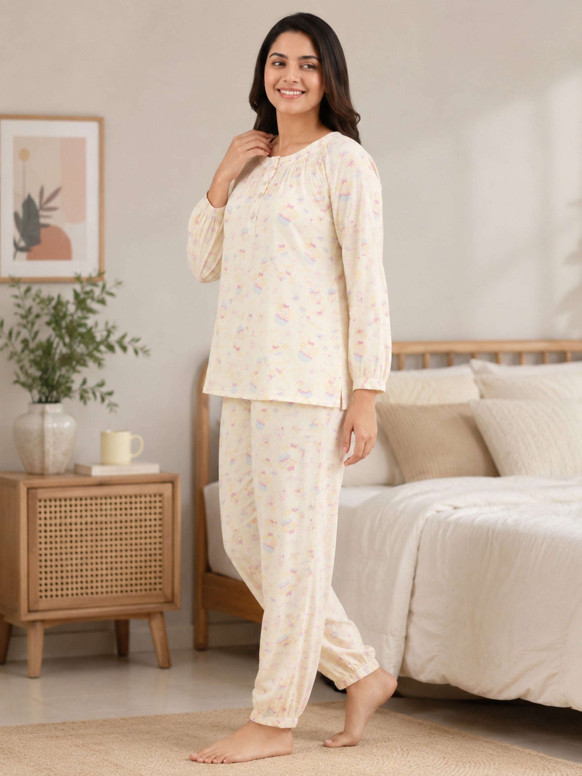 Women Night Suit Cotton Muslin Pyjama Set | Soft Printed Full Sleeve Sleepwear