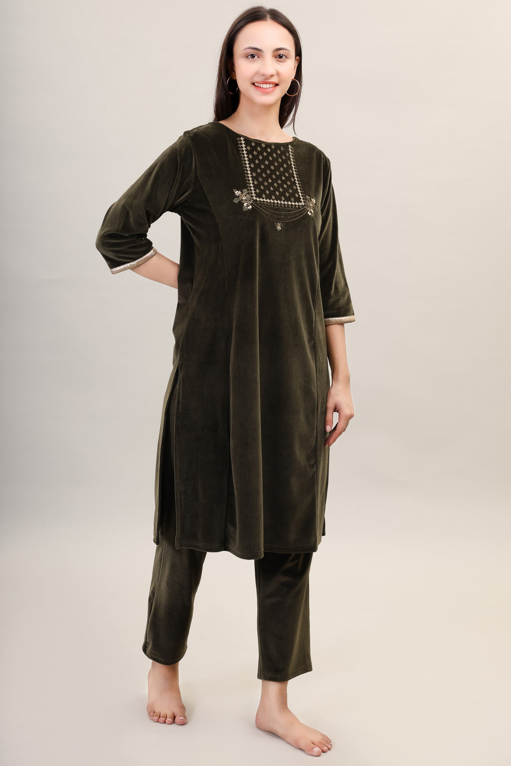 Women's Velvet Winter Embroidered Corduroy Kurti Set, Long Sleeves (Olive)