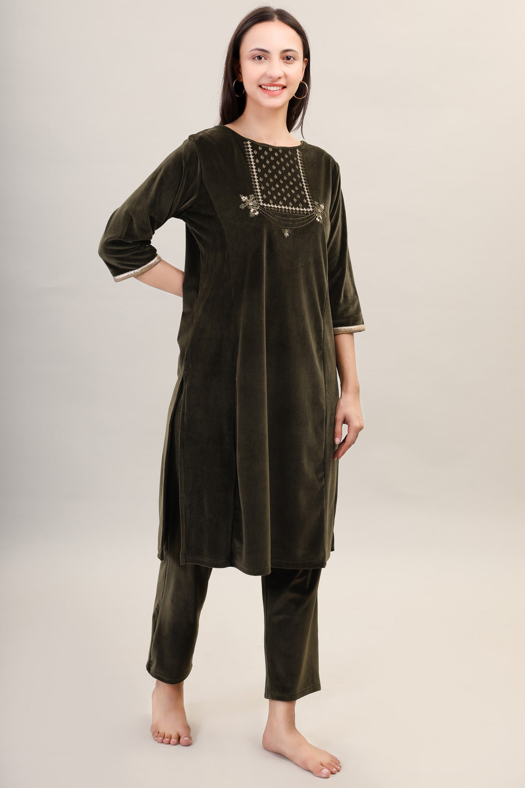 Women's Velvet Winter Embroidered Corduroy Kurti Set, Long Sleeves (Olive)