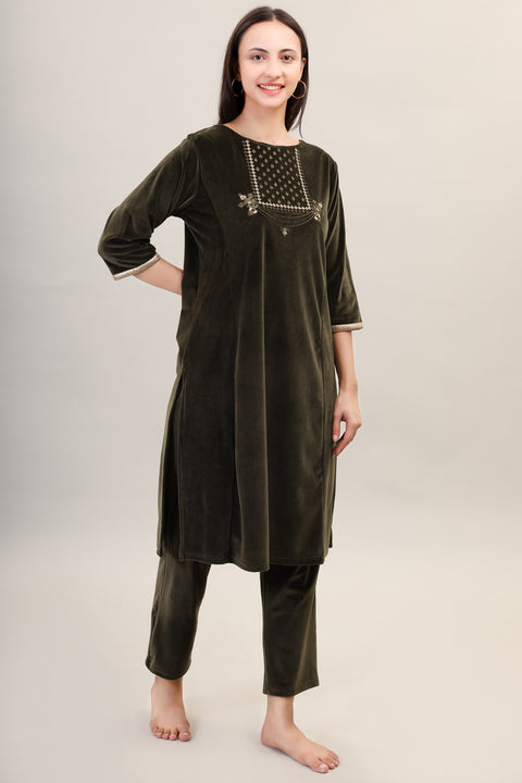 Women's Velvet Winter Embroidered Corduroy Kurti Set, Long Sleeves (Olive)