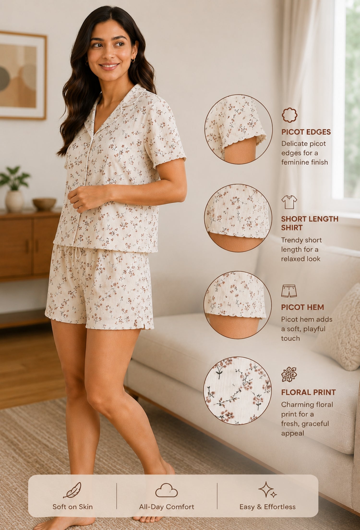 Women Night Suit, Loose Fit Short Set, Shirt & Short Loungewear, Printed Co-Ord, Stretch Fabric