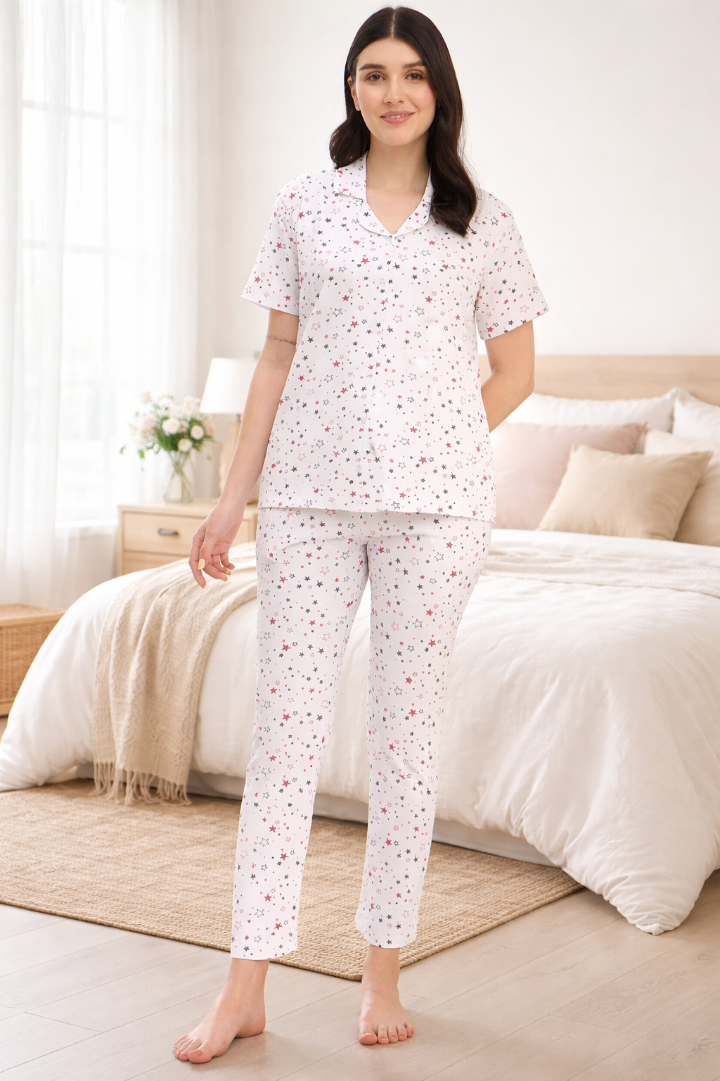 Women's Printed Nightsuit Pajama Set, Short Sleeve Button-Down Top with Pants, Cotton Nightwear, White