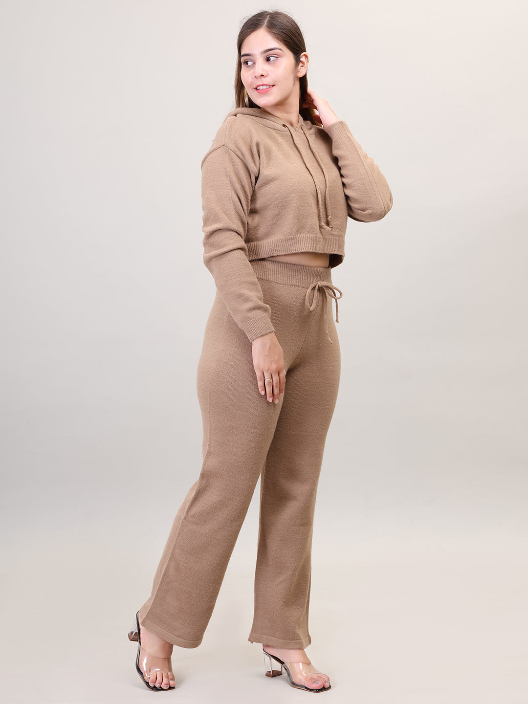 Women's Long Sleeve Hoody woolen Khaki Co-Ord Set