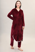 Women's Velvet Winter Corduroy Kurti Set, V-Neck, Long Sleeves (Red)