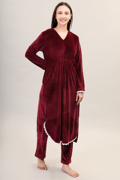Women's Velvet Winter Corduroy Kurti Set, V-Neck, Long Sleeves (Red)