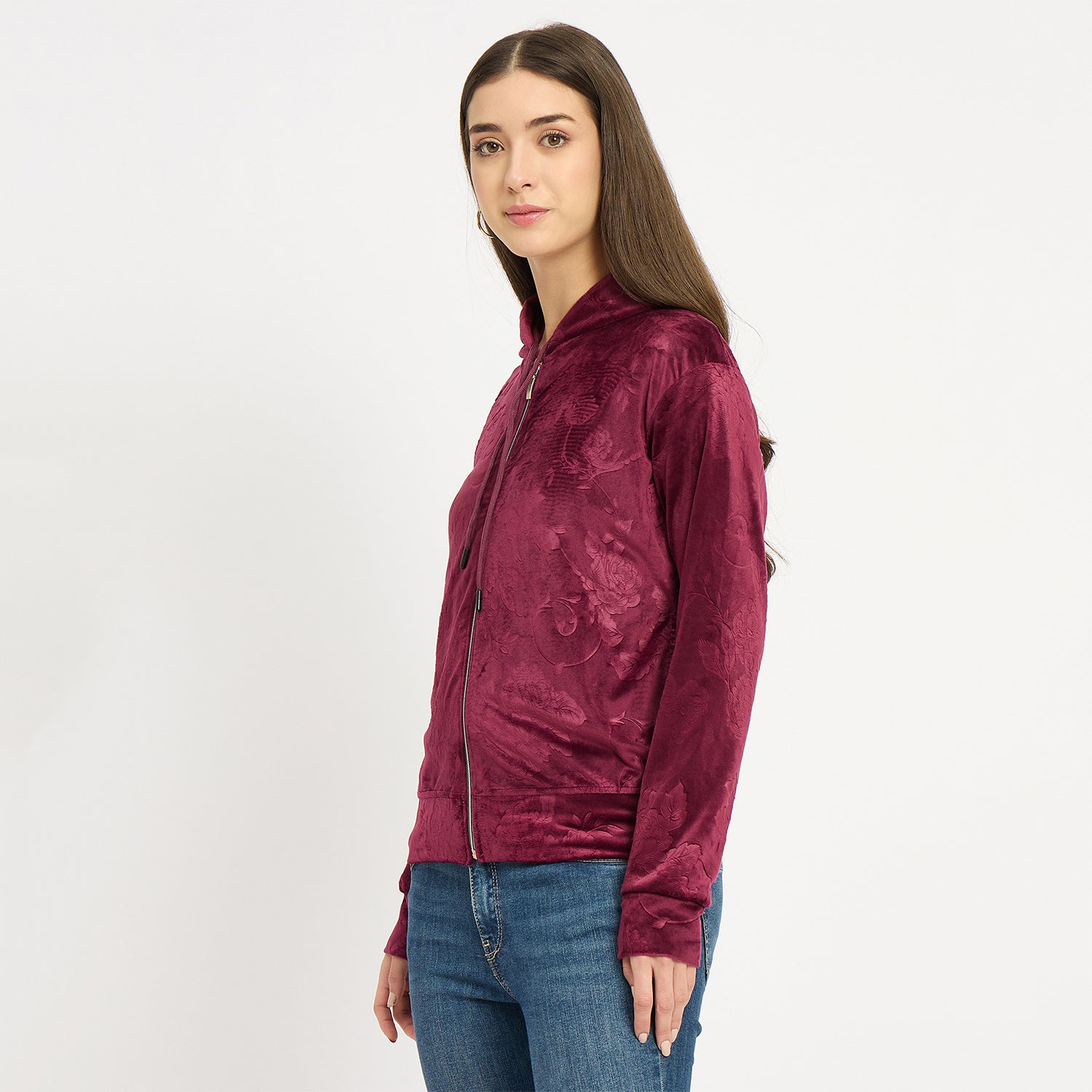 Women’s Floral Textured Zip-Up Hooded Sweatshirt