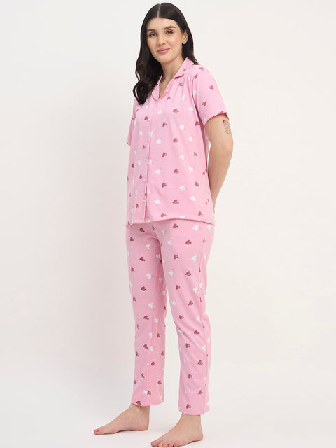 Women's Printed Nightsuit Pajama Set, Short Sleeve Button-Down Top with Pants, Cotton Nightwear, Pink