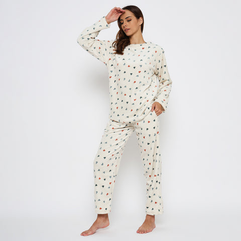 Women's Printed Full Sleeve Round Neck Top and Pajama Pants with Pockets