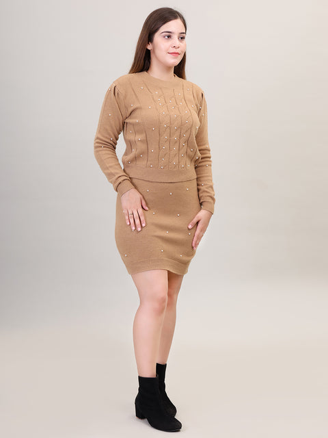 Women's Long Sleeve Round Neck woolen Khaki Skirt Set