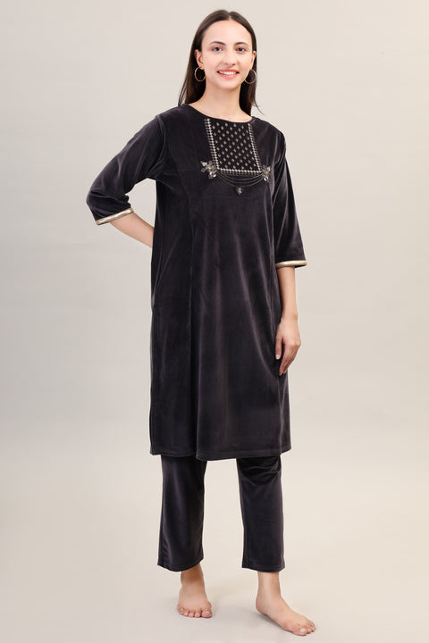 Women's Velvet Winter Embroidered Corduroy Kurti Set, Long Sleeves (Black)