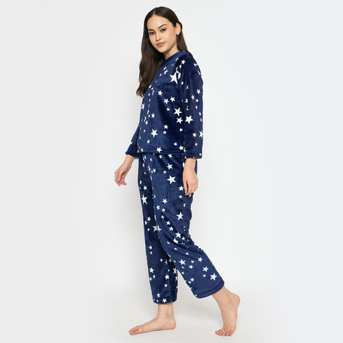 Women's Printed Full Sleeve Round Neck Top and Pajama Pants with 1 side Pockets