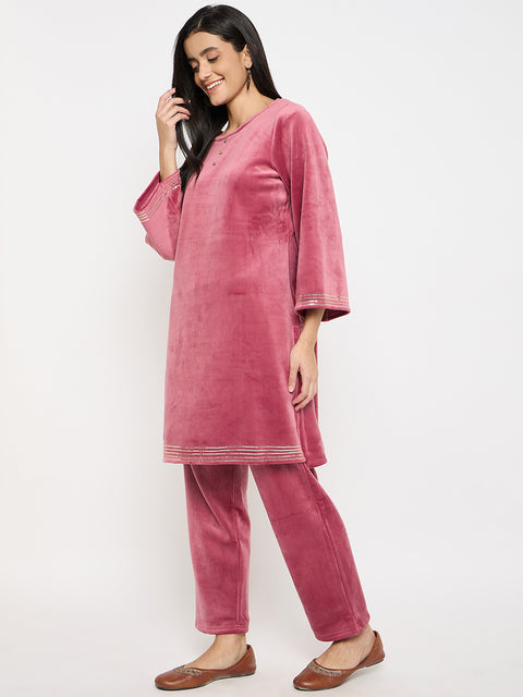 Women's Velvet Winter Kurti Set, Long Sleeves|Winter Velvet Kurti & Pajama Set