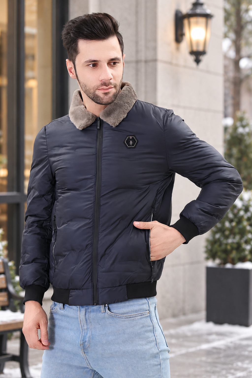 Navy Spread Collar Puffer Jacket for Mens