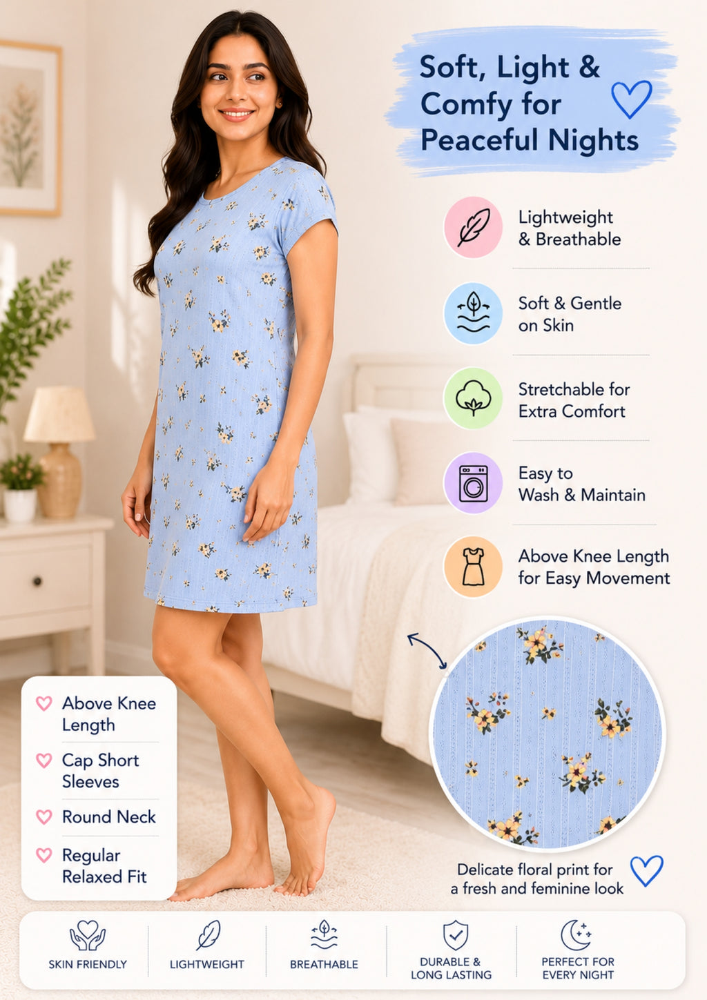 Women’s Knee Length Nighty | Soft Comfortable Sleepwear | Cap Sleeve Short Night Dress