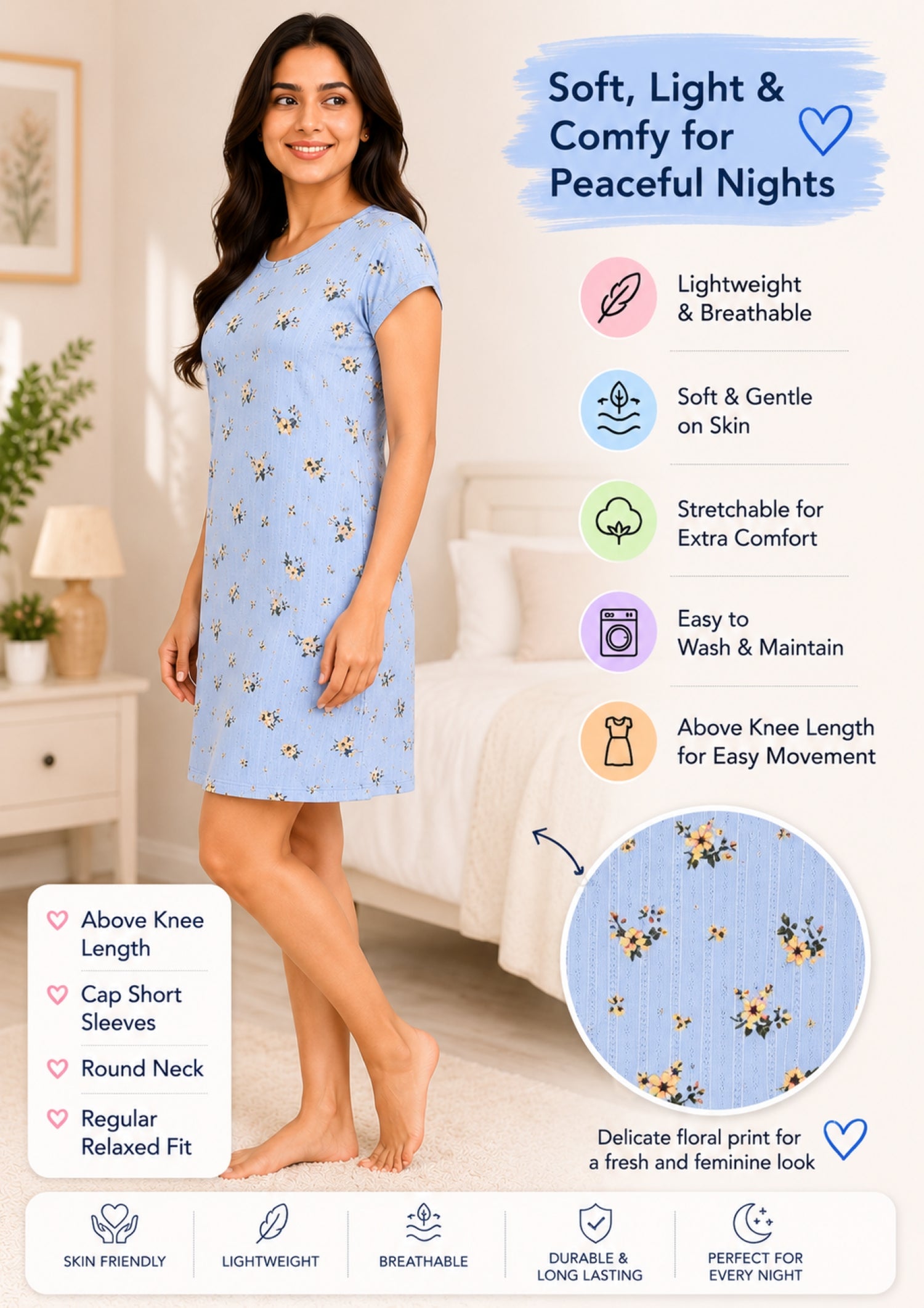 Women’s Knee Length Nighty | Soft Comfortable Sleepwear | Cap Sleeve Short Night Dress
