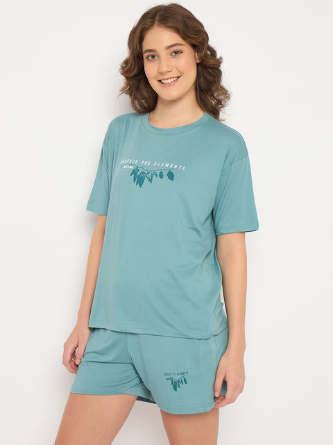 Women's Cotton Loungewear Set, Short Sleeve T-Shirt and Shorts, Teal