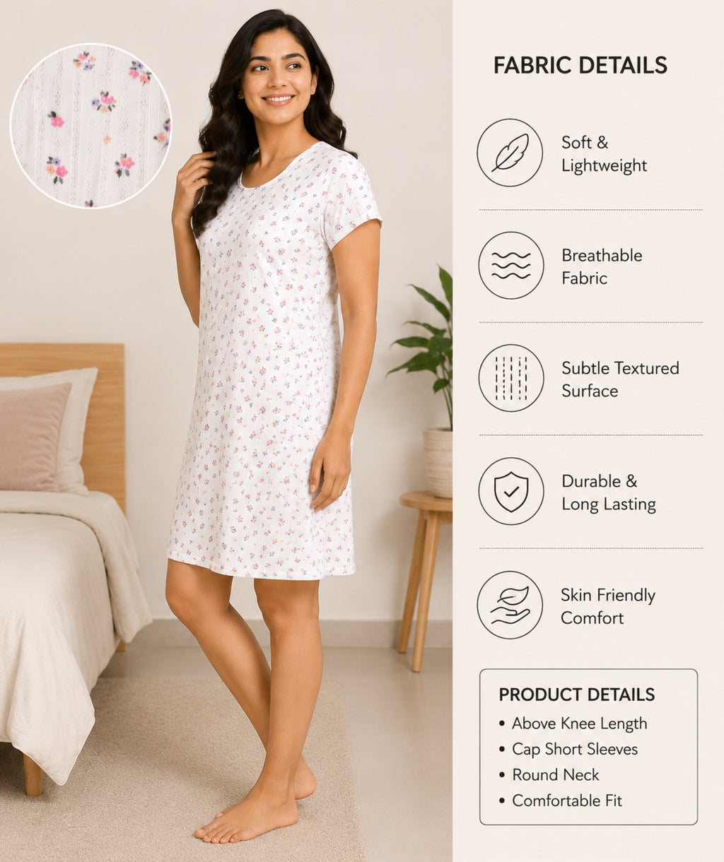 Women’s Knee Length Nighty | Soft Comfortable Sleepwear | Cap Sleeve Short Night Dress