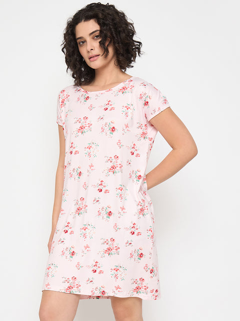 Women's Printed Nightgown, Short Sleeve Sleep Dress, Short Length, Short Nighty, Pink Red