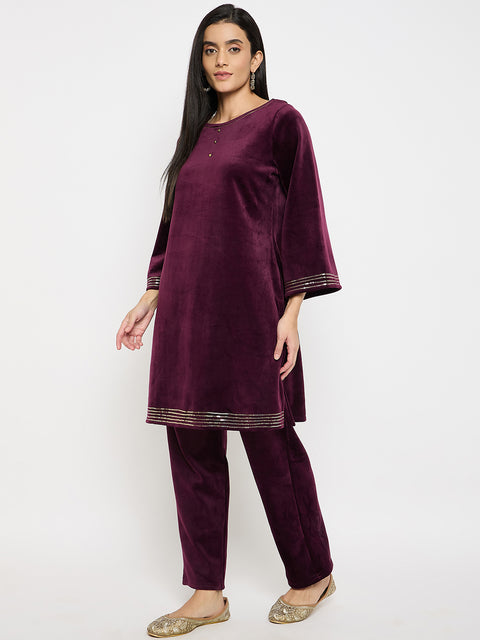Women's Velvet Winter Kurti Set, Long Sleeves|Winter Velvet Kurti & Pajama Set