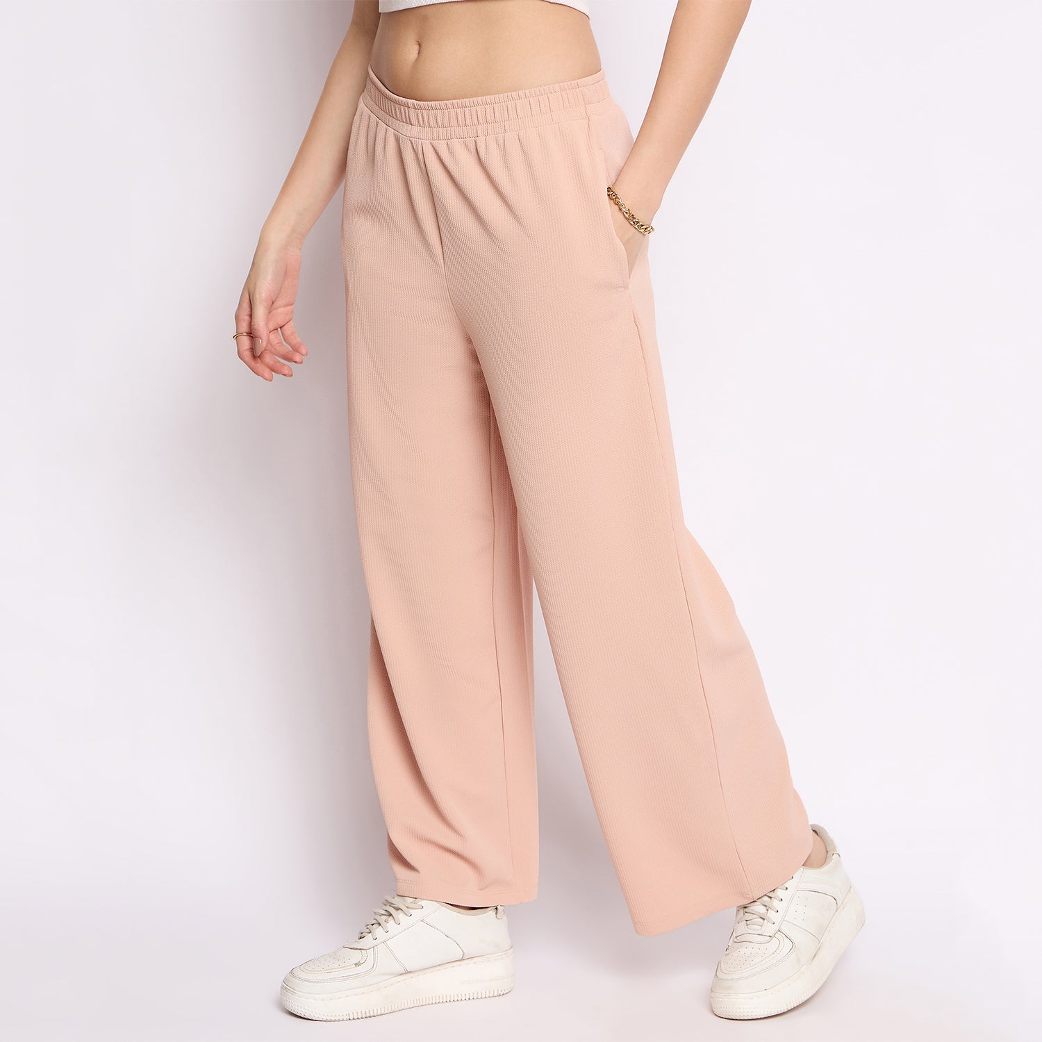 Women's Palazzo Pants with Pockets, Wide Leg, Ribbed Pattern, Elastic Waistband, Pink