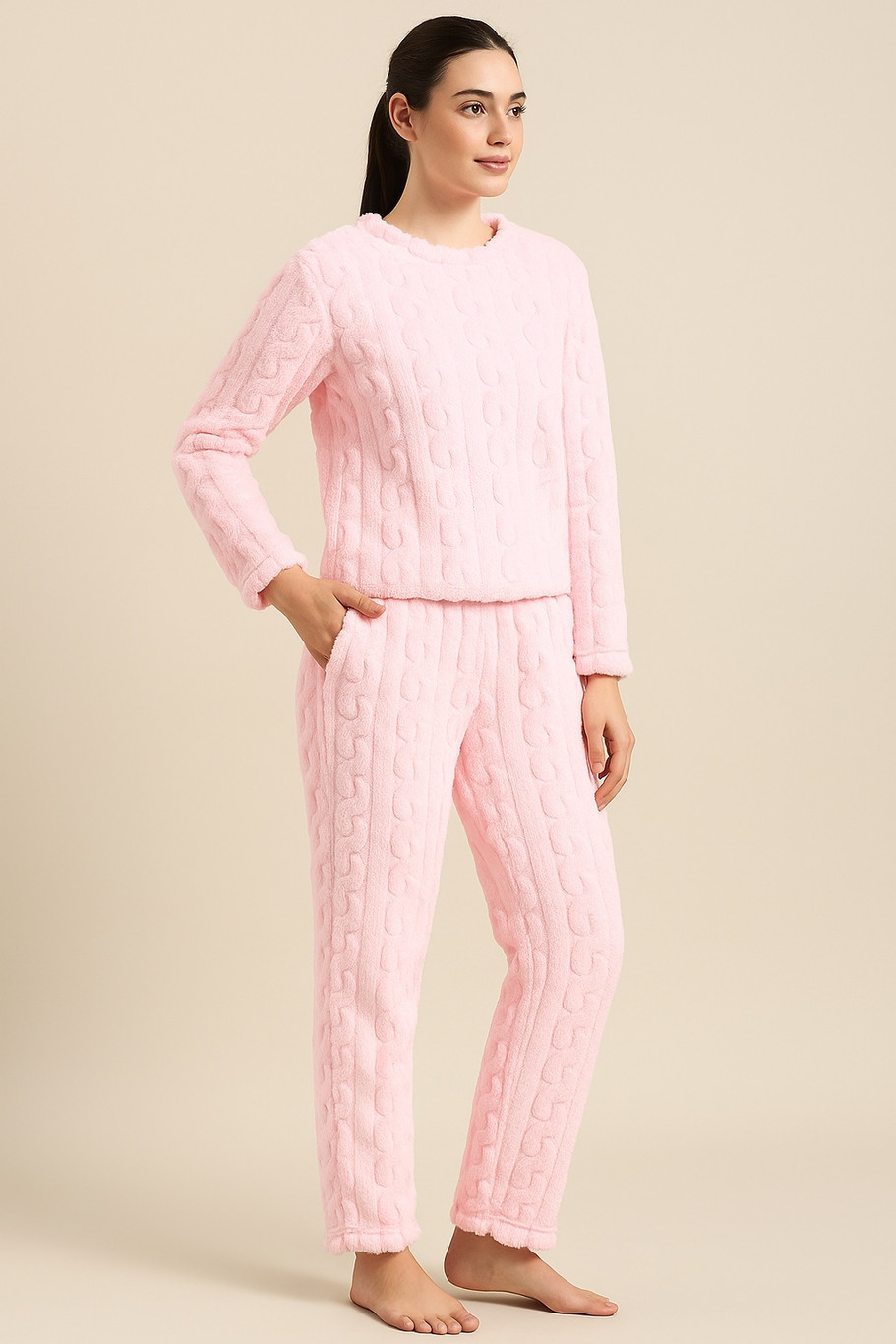 Camey Women Fleece Winter Night Suit Set | Cable Knit Textured Night Suit