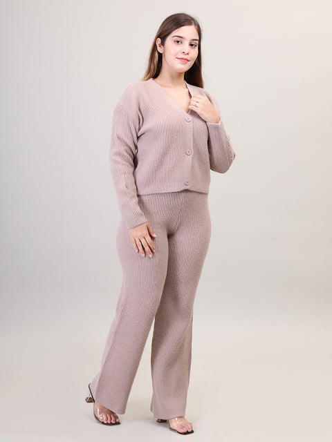 Women's Long Sleeve V-Neck Open Button woolen Beige Co-Ord Set