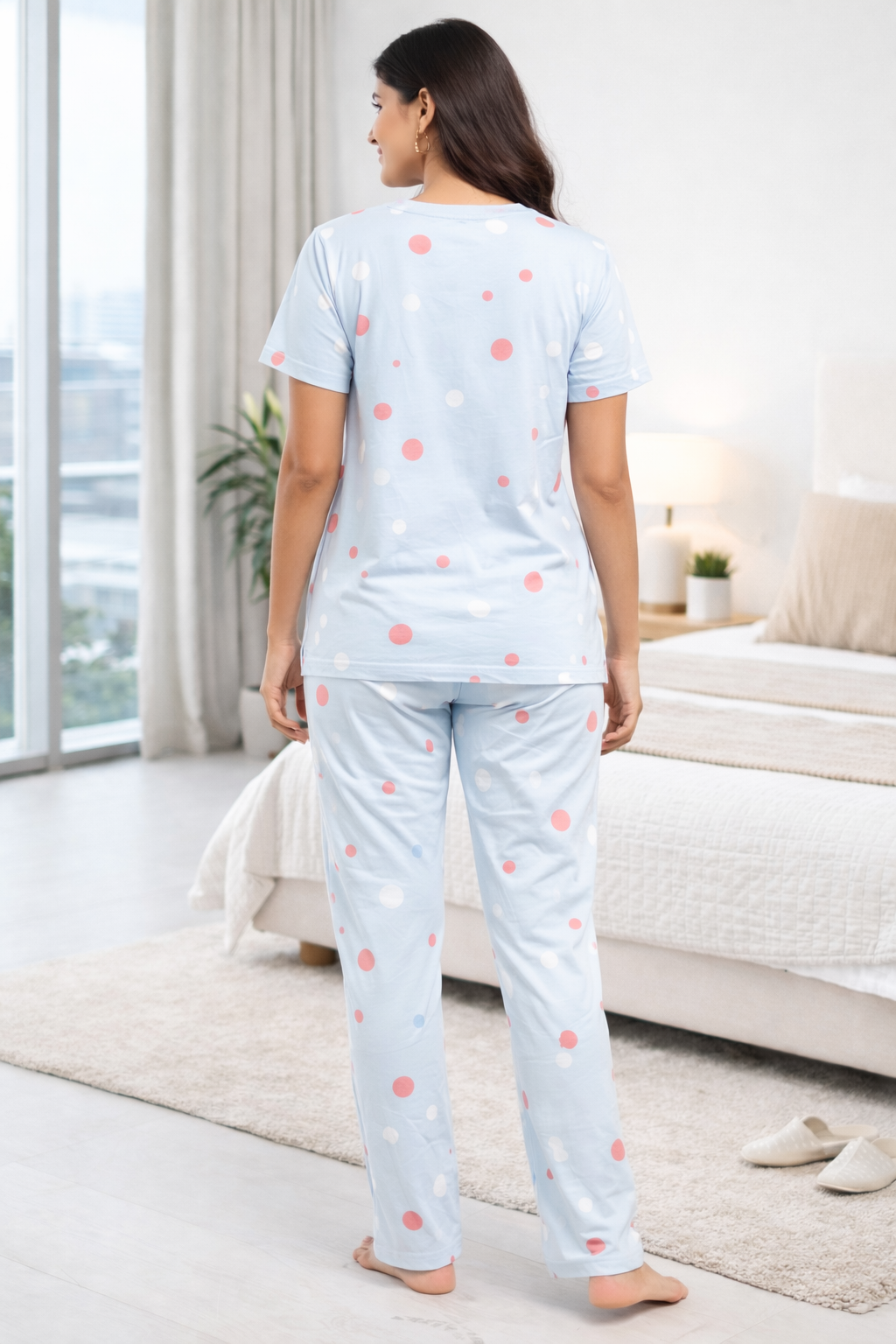 Women Viscose Pyjama Set Cute Prints Nightwear Soft Breathable Sleepwear Short Sleeve Top & Full Length Pajama Pants Lounge Set
