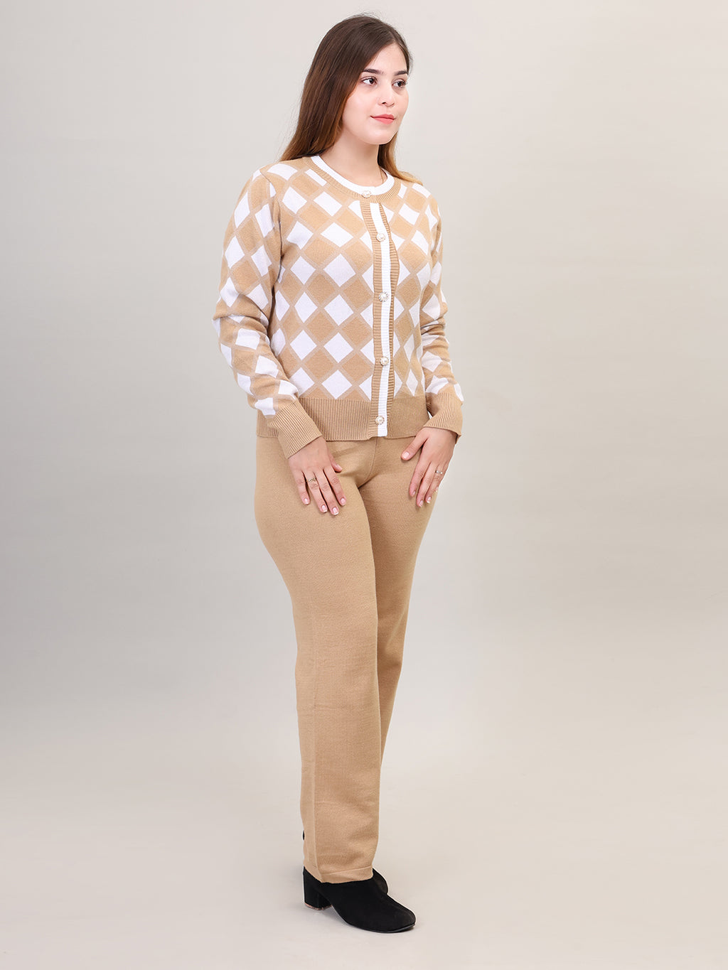 Women's Long Sleeve Round Neck Open Button woolen Beige Co-Ord Set