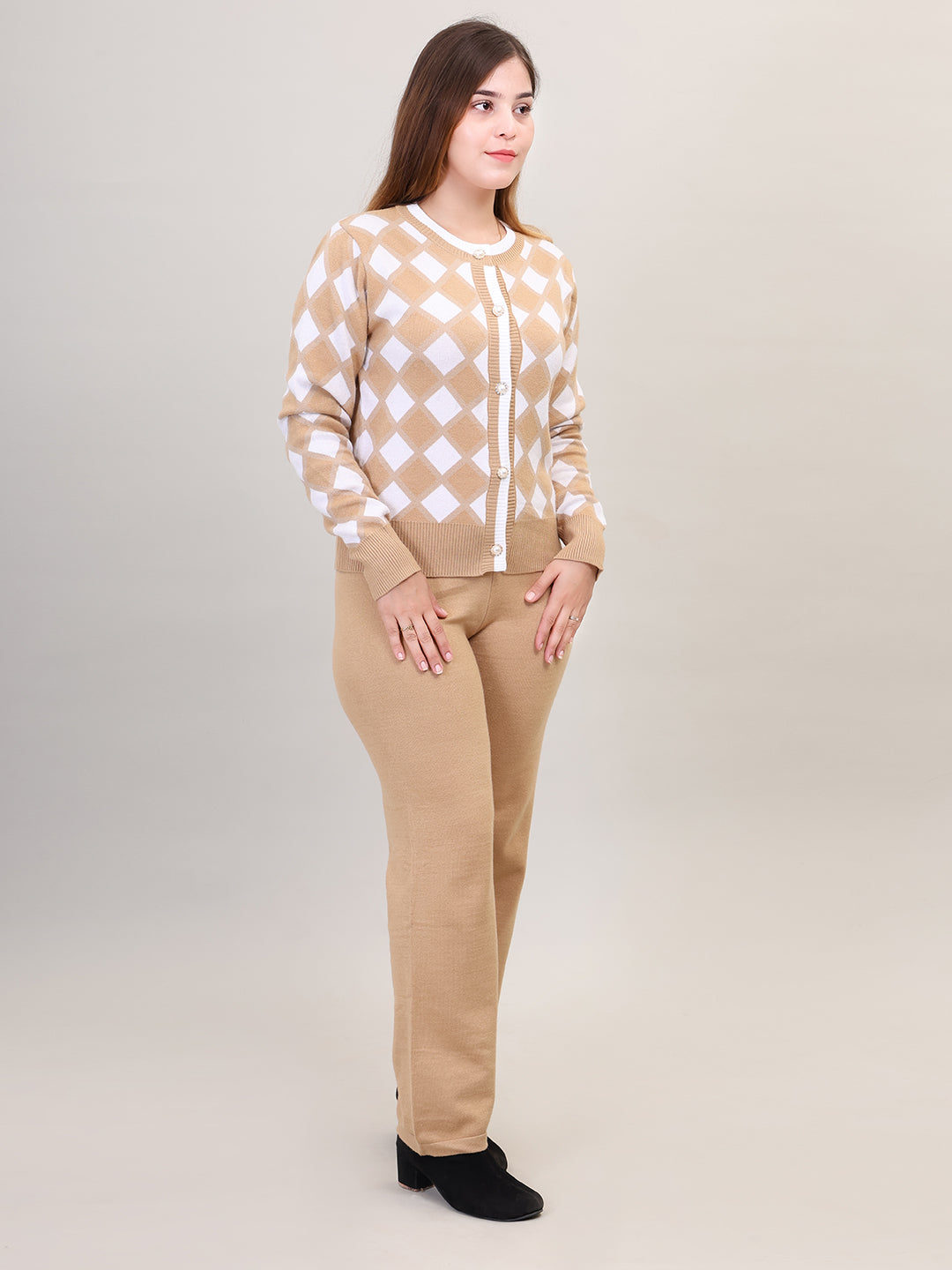 Women's Long Sleeve Round Neck Open Button woolen Beige Co-Ord Set