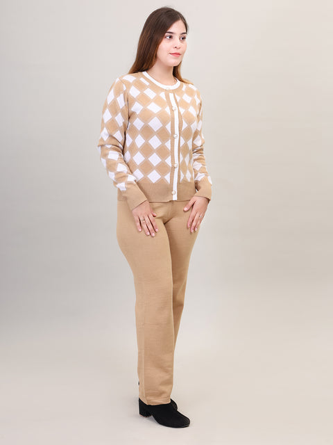 Women's Long Sleeve Round Neck Open Button woolen Beige Co-Ord Set