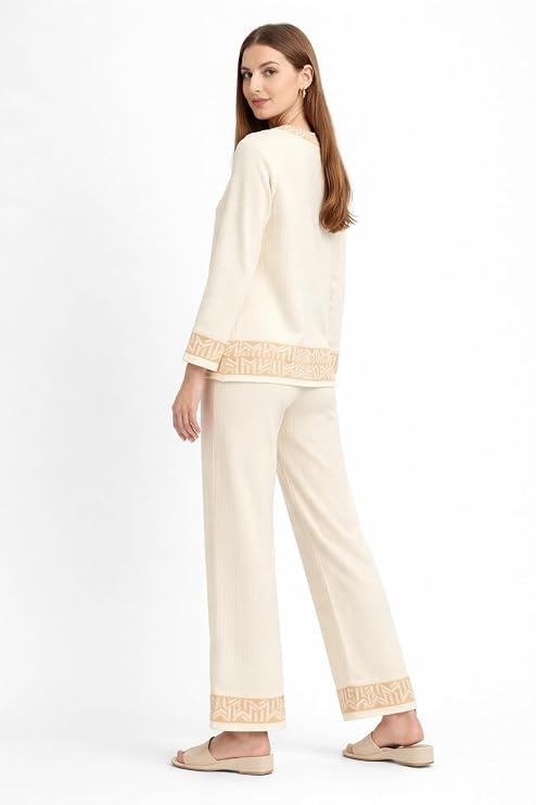 CAMEY Women's Wool Lounge Wear Set, Full Sleeve Ribbed Top with Relaxed Fit Pants, Geometric Trim Detail, Warm Winter Co-Ord Nightwear