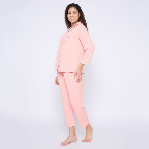 Women's Cotton Pajama Set, Long Sleeve Button-Down Shirt with Pants, Comfortable Sleepwear, Pink