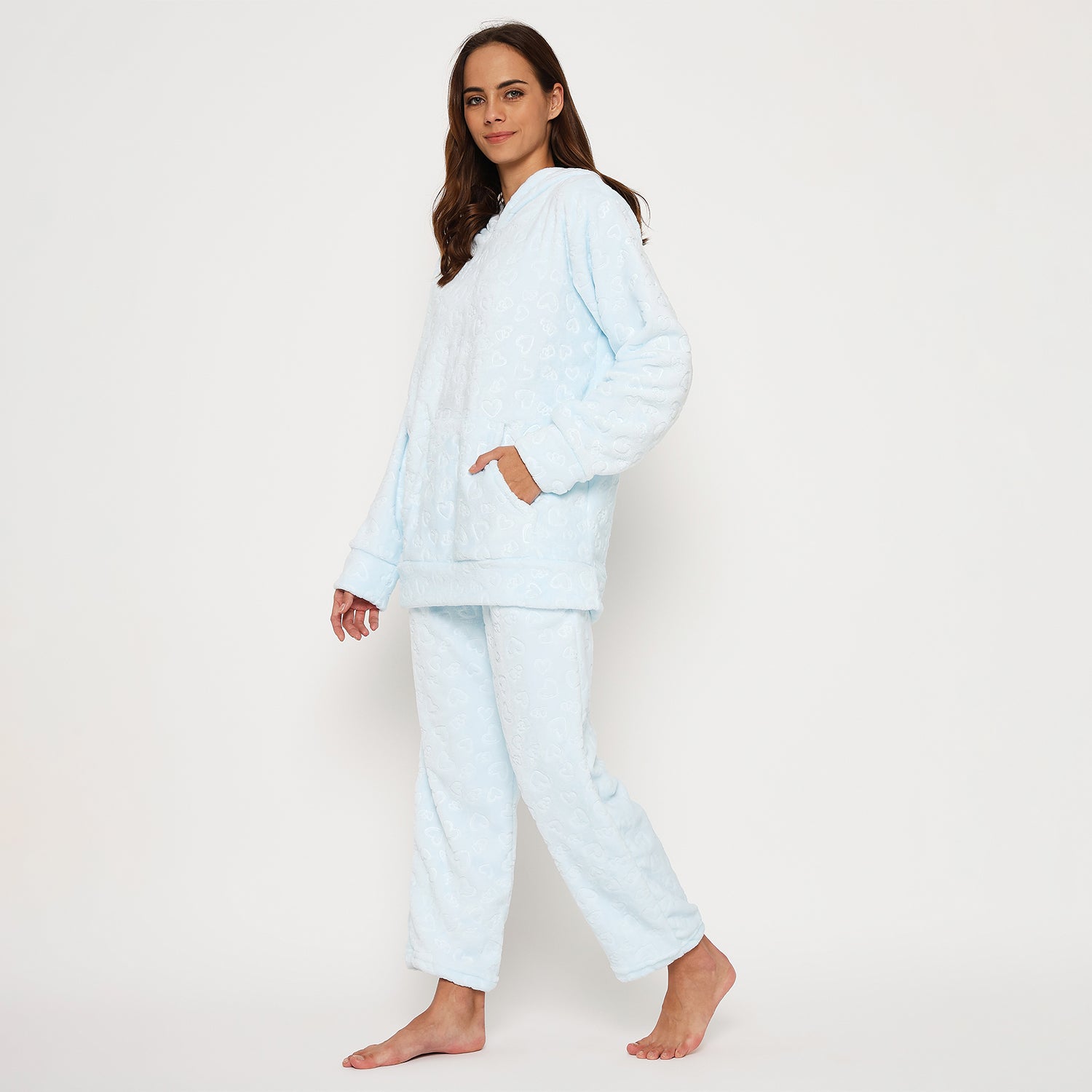 Women's Embossed Full Sleeve Hooded Top and Pajama Pants with Pockets