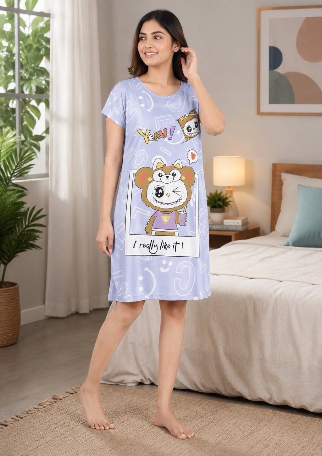 Women's Cute Cartoon Printed Knee Length Nighty | Soft Comfortable Loose Fit Short Sleeve Nighty for Women