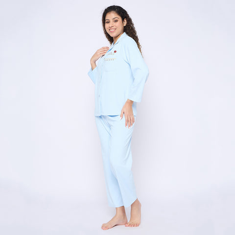 Women's Cotton Pyjama Set, Long Sleeve Button-Down Top with Pants, Sleepwear, Blue