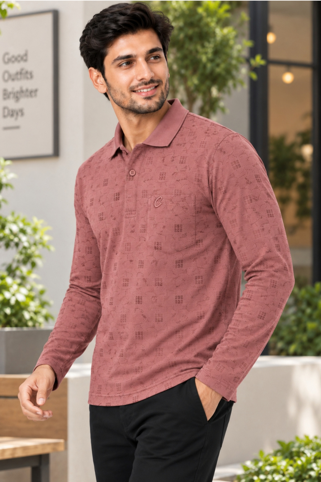 Men's Printed Full Sleeve T-Shirt For Men Polo Neck With Chest Pocket