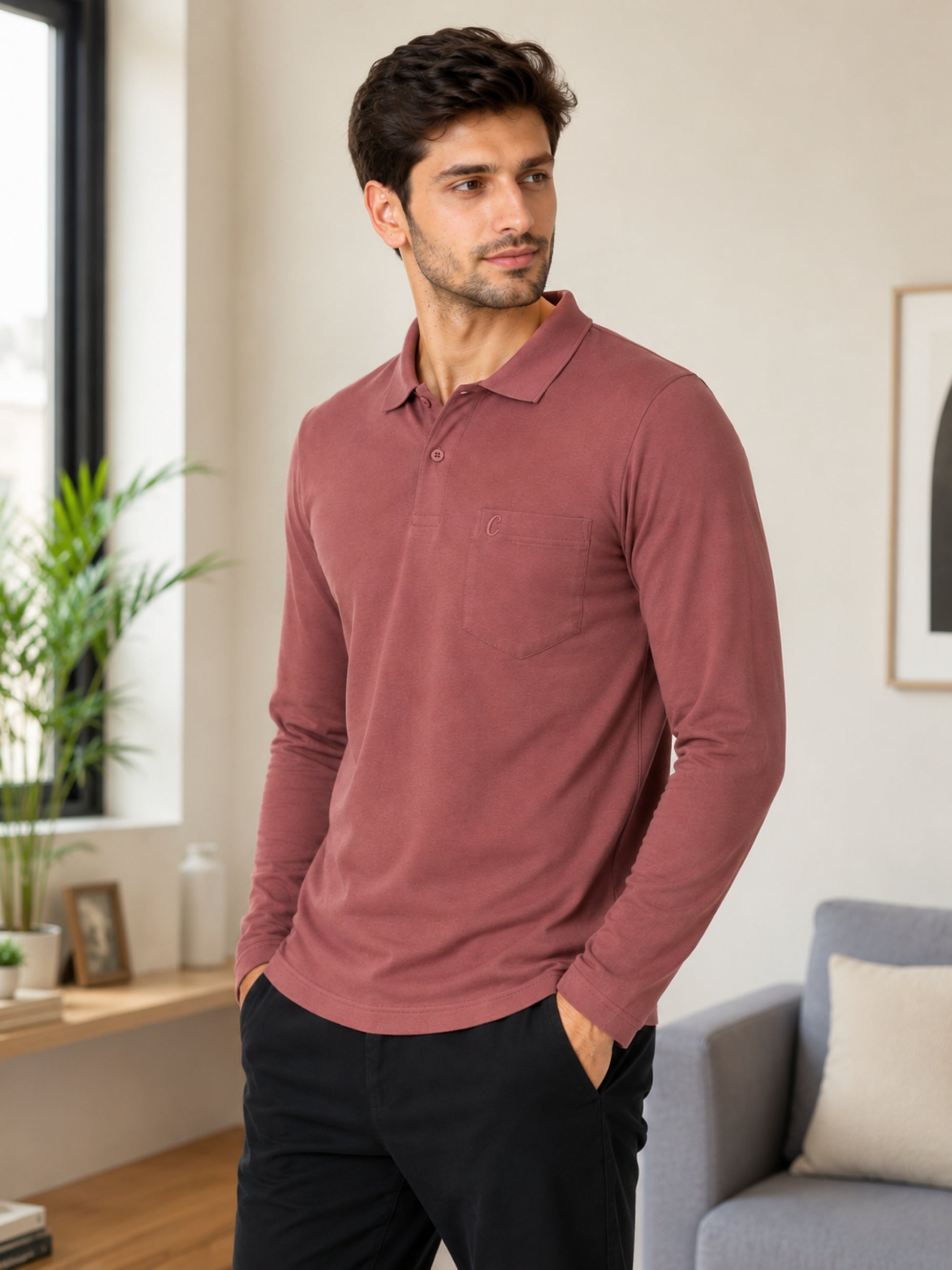 Camey Men's Plain Solid Long Sleeve Polo T-Shirt for men | Collared Casual Cotton Blend Tee with Chest Pocket