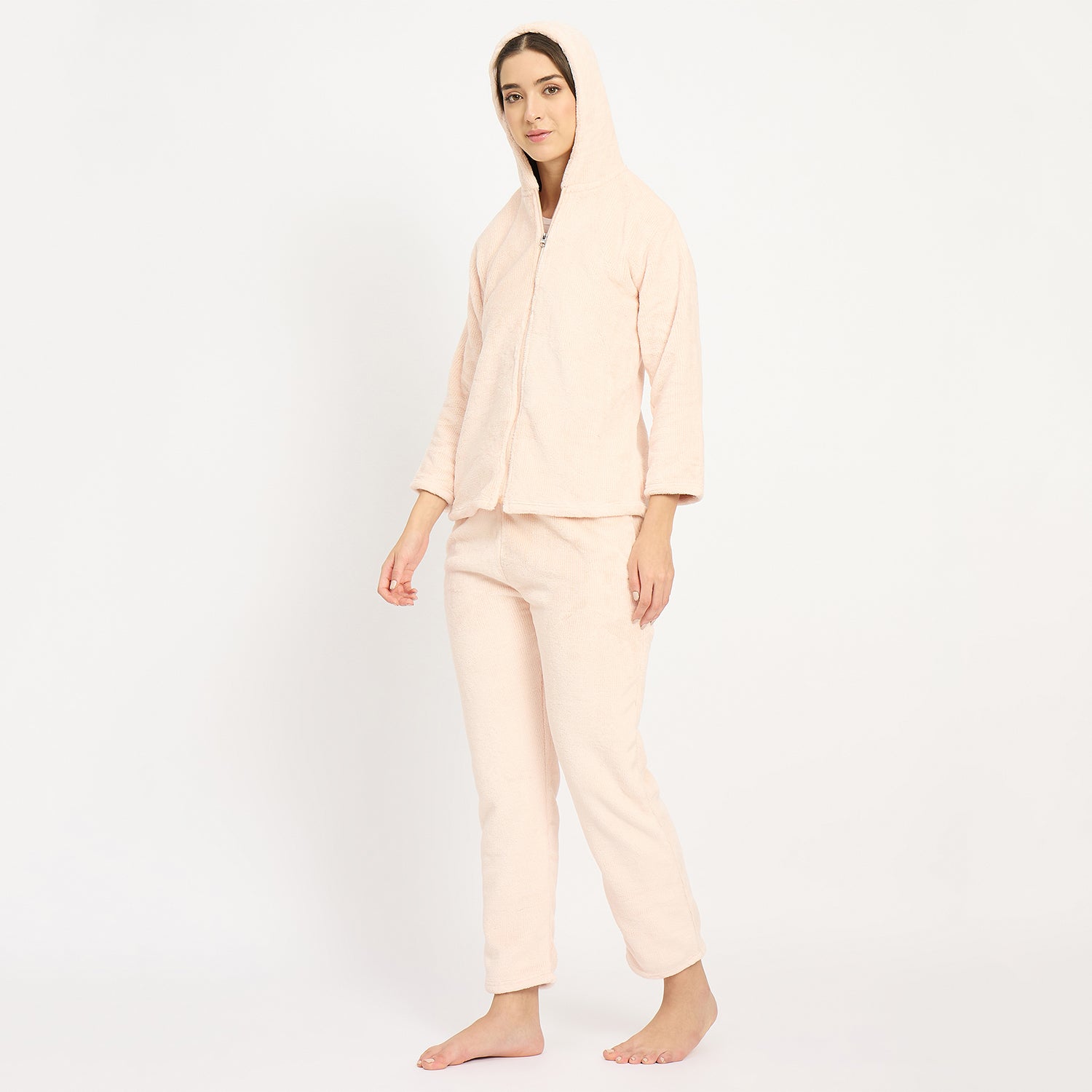 Women's Winter Full Sleeve Jacquard Zipper Hoody Nightsuit